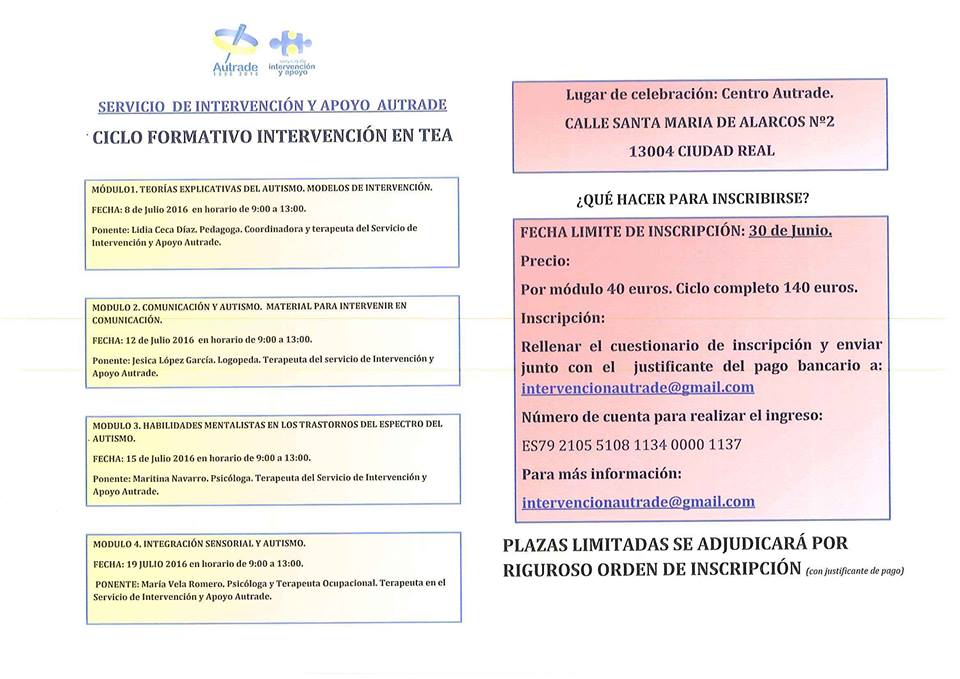 Ciclo Formativo de Intervención en TEA organizado por el Servicio de Intervención y Apoyo de la Asociación Autrade.